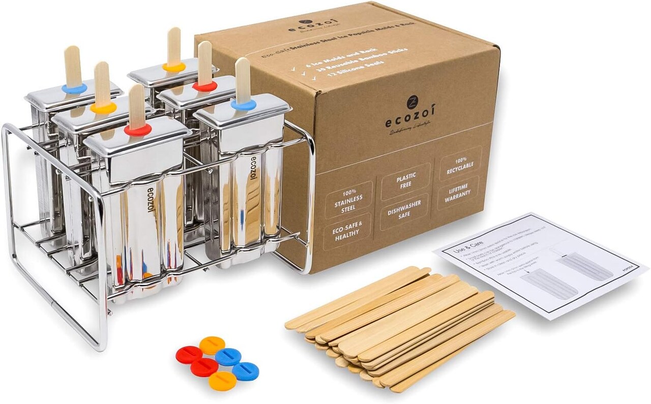 Stainless Steel Popsicle Molds & Rack – 6-Square Ice Pop Makers with 30 Bamboo Sticks, 12 Silicone Seals, Cleaning Brush & Rack – Eco-Friendly, BPA-Free DIY Frozen Treats
